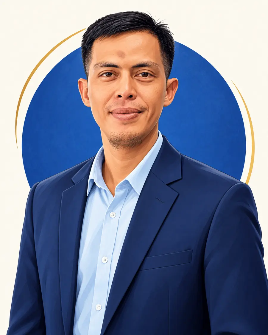 Potret editorial Dedi Hidayat mengenakan blazer navy dan kemeja biru muda